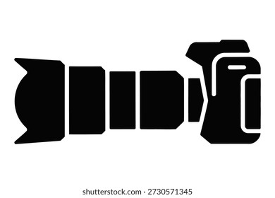 Black vector silhouette of DSLR camera with telephoto zoom lens, side view. Minimal photography equipment icon isolated on white background for photo studio, media, press and design.