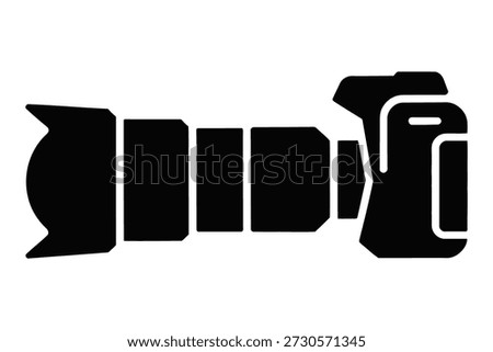 Black vector silhouette of DSLR camera with telephoto zoom lens, side view. Minimal photography equipment icon isolated on white background for photo studio, media, press and design.