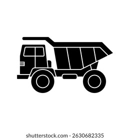 Black vector silhouette of a dump truck with a tilted body. Minimalistic image suitable for infographics, construction diagrams, pictograms, web interfaces and presentations.