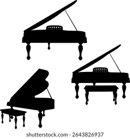 Black vector silhouette of an elegant grand piano with a matching cushioned bench. The classic curved legs and open lid design evoke a vintage, formal musical setting in simple form.
