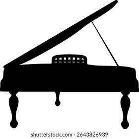 Black vector silhouette of an elegant grand piano with a matching cushioned bench. The classic curved legs and open lid design evoke a vintage, formal musical setting in simple form.