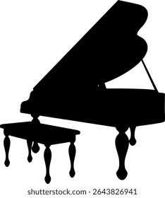 Black vector silhouette of an elegant grand piano with a matching cushioned bench. The classic curved legs and open lid design evoke a vintage, formal musical setting in simple form.