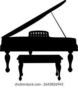 Silhueta vetor preta de um piano de cauda elegante com um banco amortecido correspondente. As pernas curvas clássicas e design de tampa aberta evocam um vintage, configuração musical formal em forma simples.