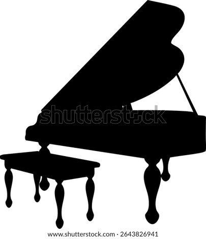 Black vector silhouette of an elegant grand piano with a matching cushioned bench. The classic curved legs and open lid design evoke a vintage, formal musical setting in simple form.