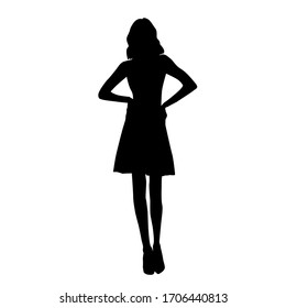 Black vector silhouette of fashion girl standing and posing in mini dress, illustration
