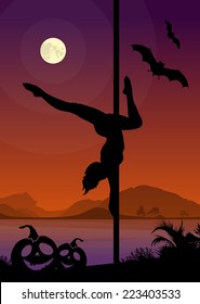 Black vector silhouette of female pole dancer performing pole moves in front of river and full moon at night Halloween Style