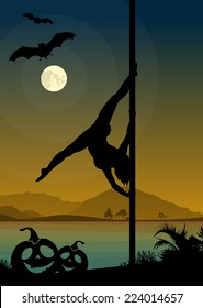 Black vector silhouette figure of female pole dancer Halloween Style