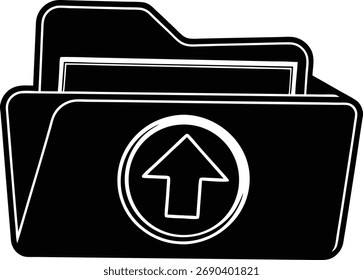 Black vector silhouette of a file folder with an upload arrow icon, designed for data management and cloud computing. This business and technology symbol is perfect for web interface design, saving