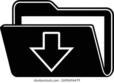 Black vector silhouette of a file folder with a download arrow icon, designed for data management and cloud computing. This business and technology symbol is perfect for web interface design, saving.