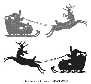 Black vector silhouette, Flying Santa Claus in a reindeer sleigh