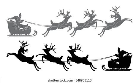 Black vector silhouette, Flying Santa Claus in a reindeer sleigh 