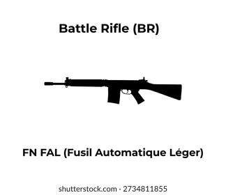 A black vector silhouette of an FN FAL battle rifle, centered on a white background with descriptive text above and below.