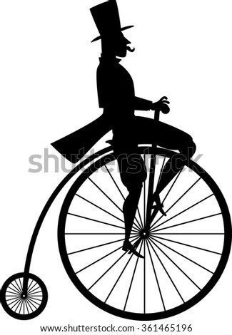 Black vector silhouette of a gentleman on a vintage penny-farthing bicycle, EPS 8