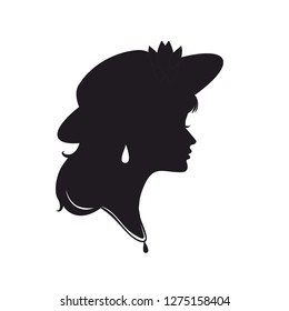 Black vector silhouette of a girl in a hat with an earring, a pendant and a flower on a hat. Vector illustration. Vector black silhouette of a girl.