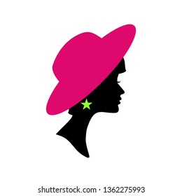 Black vector silhouette of a girl in a hat with the earring in the shape of a star. Vector illustration. Vector black profile girls.