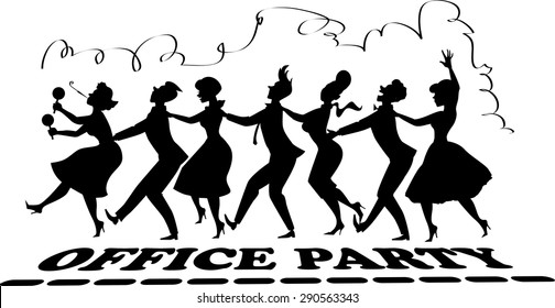 Black Vector Silhouette Of Group Of People Dressed In Late 1950s Fashion Dancing Conga Line, No White Objects, Office Party Lettering At The Bottom, Streamer On Top, EPS 8