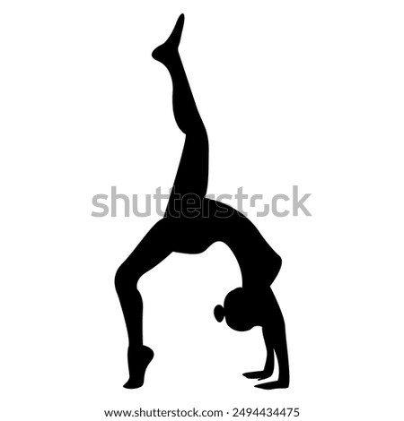 black vector silhouette of a gymnast in a standing position upside down on one leg and hands