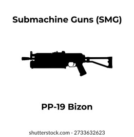 Um ícone de silhueta vetorial preto de uma submetralhadora PP-19 Bizon em um fundo branco.