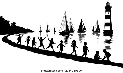 Black vector silhouette illustration of children playing on a beach with sailboats and a lighthouse in the ocean for summer coastal vacation design