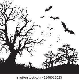 Black vector silhouette illustration of a single dead tree with birds on a dry branch