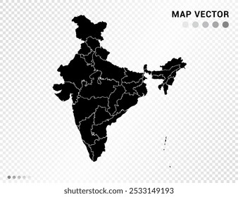 Silueta de Vector negro del mapa de la India sobre fondo transparente.