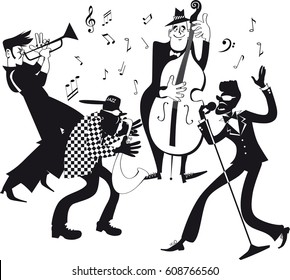 Black vector silhouette of a jazz band performing, no white objects, EPS 8