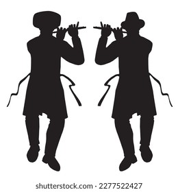 Black vector silhouette of a Jewish klezmer Transverse flute player.
A Jewish Hasidic and rabbi dances in the joy of Beit Hashuava in Miron at Rabbi Shimon's grave. svg