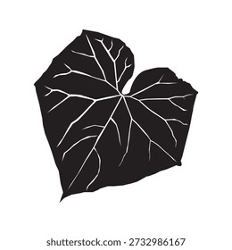Black vector silhouette of a leaf with detailed veins on a white background. Represents interconnectedness, organic structure, or a natural process. Could be used metaphorically for network architecture, data flow, or the growth of a technology ecosystem.