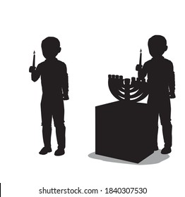 Black vector silhouette of Lighting Hanukkah candles (Jewish holiday)
A religious, orthodox child, holding a large candle in his hand, in front of him is a menorah on a table.
drawing in pastels to