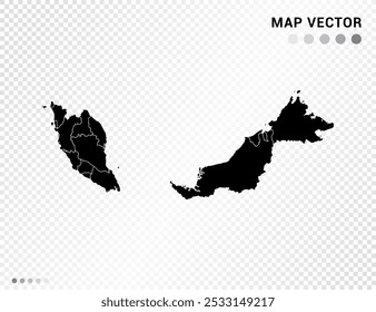 Silueta de Vector negro del mapa de Malasia sobre fondo transparente.