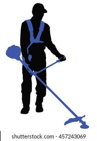 Black Vector Silhouette Of Man Cutting Grass In Garden With Grass Cutter. Icon Of Man Working In Garden.