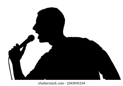 Black vector silhouette of man singing to microphone isolated on white background