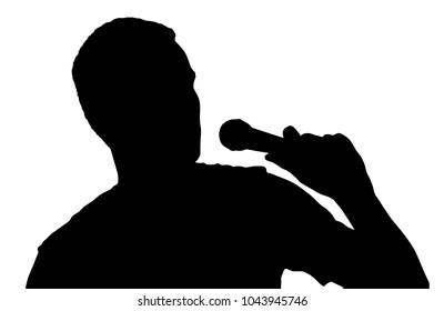 Black vector silhouette of man singing to microphone isolated on white background
