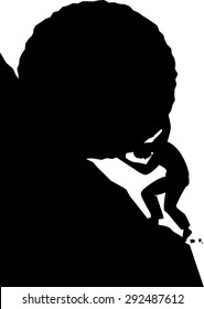 Black vector silhouette of a man, Sisyphus, pushing a boulder up on the mountain, EPS 8