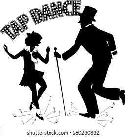 Black vector silhouette of a man in a top hat and with a cane teaching little girl dancing, music notes flying from under their feet, retro style lettering on the top, no white, EPS 8