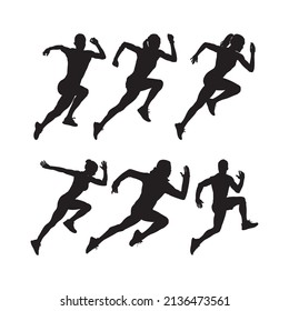 Black Vector silhouette of men and women, a group of running people, jumping people, black color isolated on white background