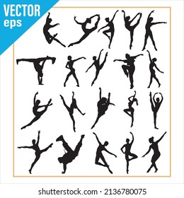 Black Vector silhouette of men and women, a group of danching people, jumping people, black color isolated on white background