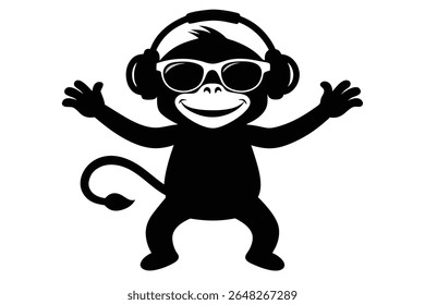 Black vector silhouette of a monkey wearing headphones and sunglasses arms raised in a joyful pose against a white background