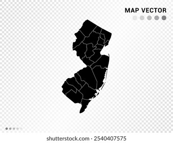 Black vector silhouette of New Jersey map on transparent background.