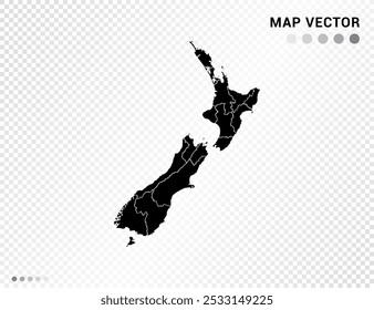 Black vector silhouette of New Zealand map on transparent background.