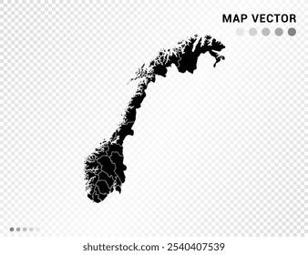 Silueta de Vector negro del mapa de Noruega sobre fondo transparente.