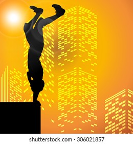 Black vector silhouette parkour man on white background