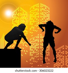 Black vector silhouette parkour man on white background