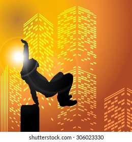 Black vector silhouette parkour man on white background