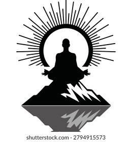 Black vector silhouette of a person meditating in lotus pose on a mountain summit peak with a large radiant sun halo flare and a subtle shadow reflection below. Ideal graphic design emblem for zen retreats, yoga studios, spiritual enlightenment, mindfulness branding, and mental wellness concepts isolated on a white background.