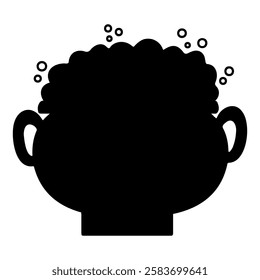 Black vector silhouette of a pot with boiling water and bubbles. Witch pot icon