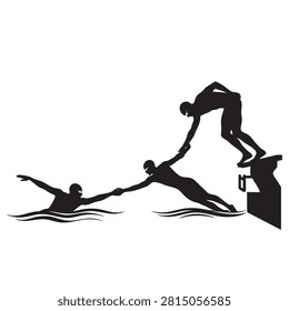 black vector silhouette of a rescue scene with a person diving into water to save another
