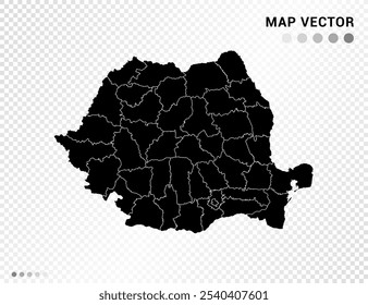 Black vector silhouette of Romania map on transparent background.