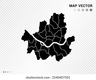 Silueta de Vector negro del mapa de Seúl sobre fondo transparente.