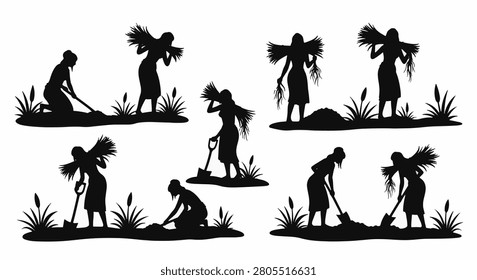 Black vector silhouette set of ancient women farmers working in fields, carrying wheat bundles, digging with shovels, and kneeling in soil, isolated on a white background.